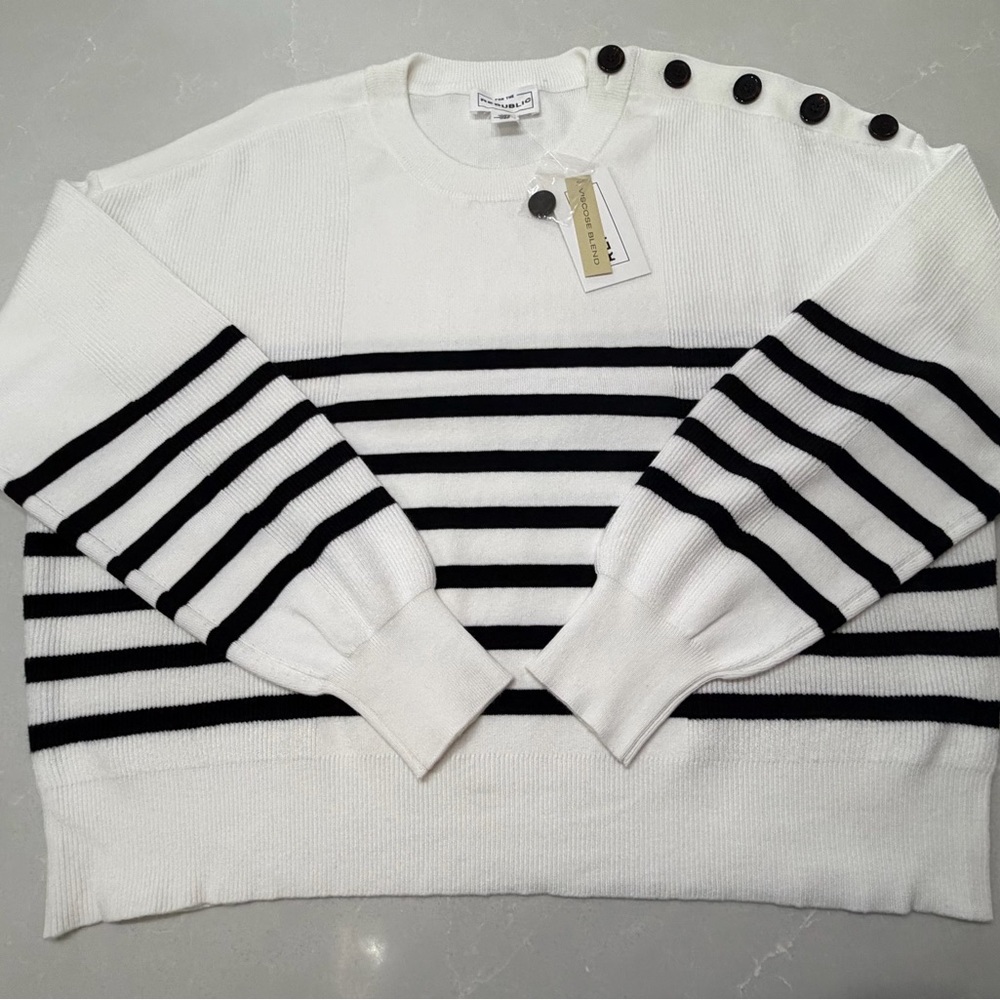 NWT For the Republic Cream and Black Buttoned Coastal/Nautical Sweater, Large